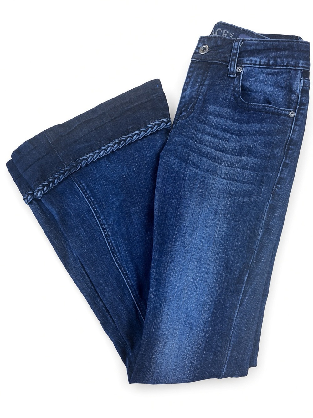 Grace in LA Easy Fit Braided Cuff Denim Flare Jeans 26